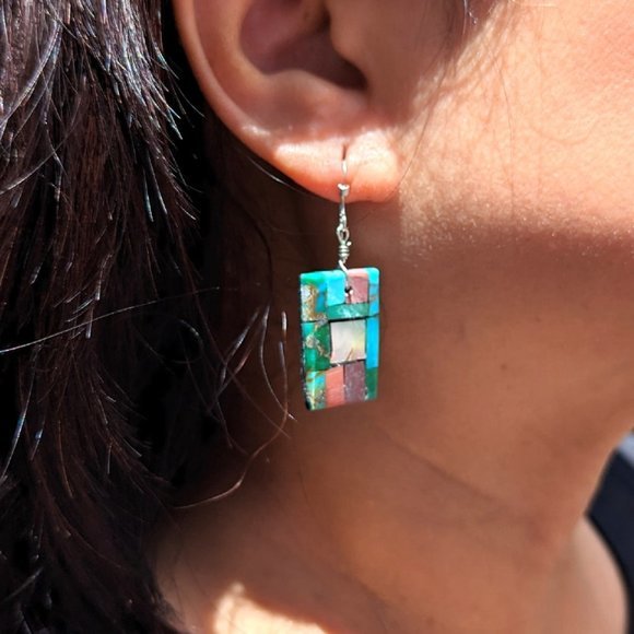 Santo Domingo Pueblo Mosaic Dangle Earrings Native American Jewelry R.Rosetta*** - Picture 6 of 9